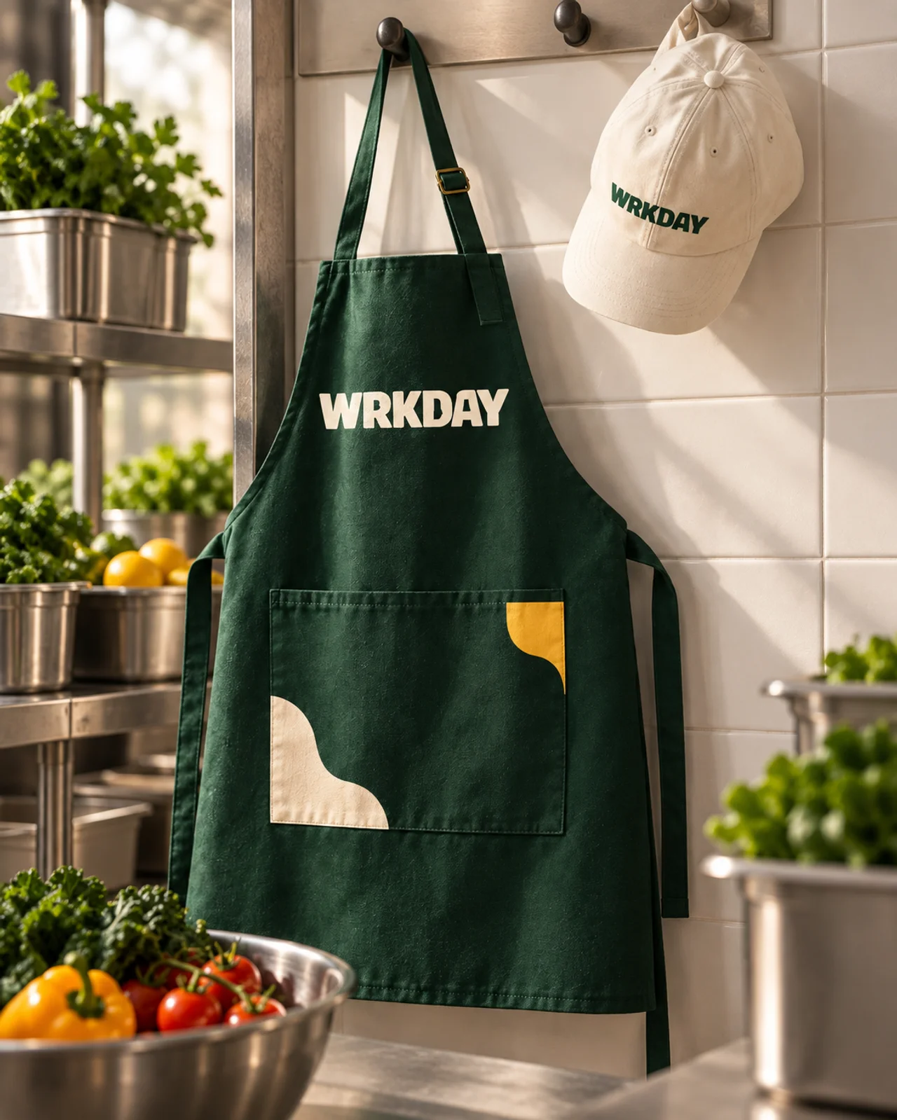 WRKDAY apron and cap in a kitchen setting — brand concept