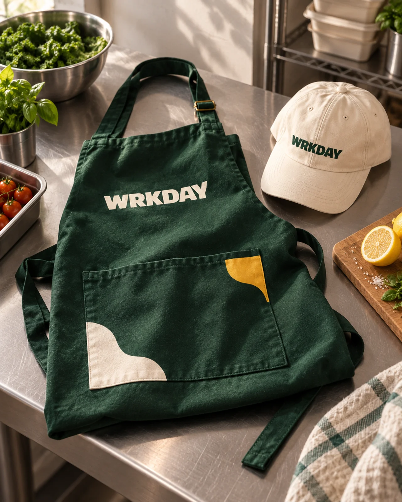 WRKDAY apron and cap on a preparation counter — brand concept
