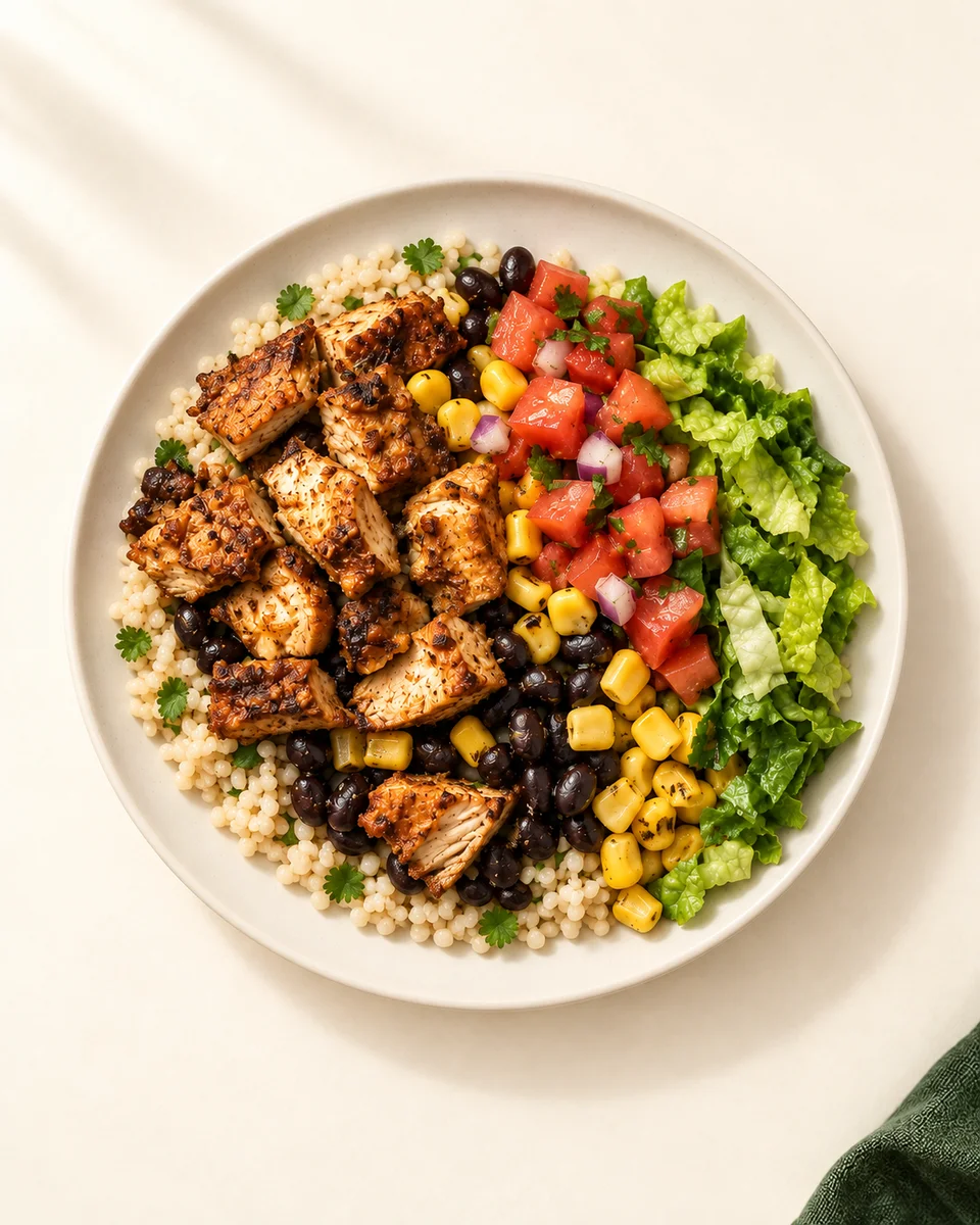 Chicken Burrito Bowl on a ceramic plate